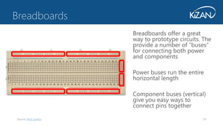 29
Breadboards offer a great
way to prototype circuits. The
provide a number of “buses”
for connecting both power
and components
Power buses run the entire
horizontal length
Component buses (vertical)
give you easy ways to
connect pins together
Breadboards
Source: Nick Landry
 