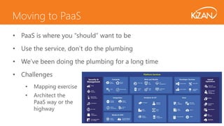43
• PaaS is where you “should” want to be
• Use the service, don’t do the plumbing
• We’ve been doing the plumbing for a long time
• Challenges
• Mapping exercise
• Architect the
PaaS way or the
highway
Moving to PaaS
 