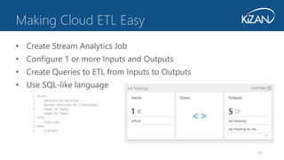62
• Create Stream Analytics Job
• Configure 1 or more Inputs and Outputs
• Create Queries to ETL from Inputs to Outputs
• Use SQL-like language
Making Cloud ETL Easy
 