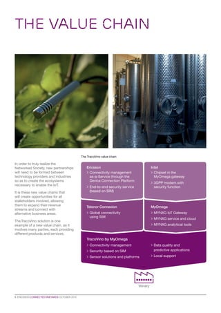 6  ERICSSON CONNECTED VINEYARDS OCTOBER 2015
In order to truly realize the
Networked Society, new partnerships
will need to be formed between
technology providers and industries
so as to create the ecosystems
necessary to enable the IoT.
It is these new value chains that
will create opportunities for all
stakeholders involved, allowing
them to expand their revenue
streams and connect with
alternative business areas.
The TracoVino solution is one
example of a new value chain, as it
involves many parties, each providing
different products and services.
THE VALUE CHAIN
The TracoVino value chain
Winery
Telenor Connexion
>> Global connectivity
using SIM
MyOmega
>> MYNXG IoT Gateway
>> MYNXG service and cloud
>> MYNXG analytical tools
Ericsson
>> Connectivity management
as-a-Service through the
Device Connection Platform
>> End-to-end security service
(based on SIM)
Intel
>> Chipset in the
MyOmega gateway
>> 3GPP modem with
security function
TracoVino by MyOmega
>> Connectivity management
>> Security based on SIM
>> Sensor solutions and platforms
>> Data quality and
predictive applications
>> Local support
 