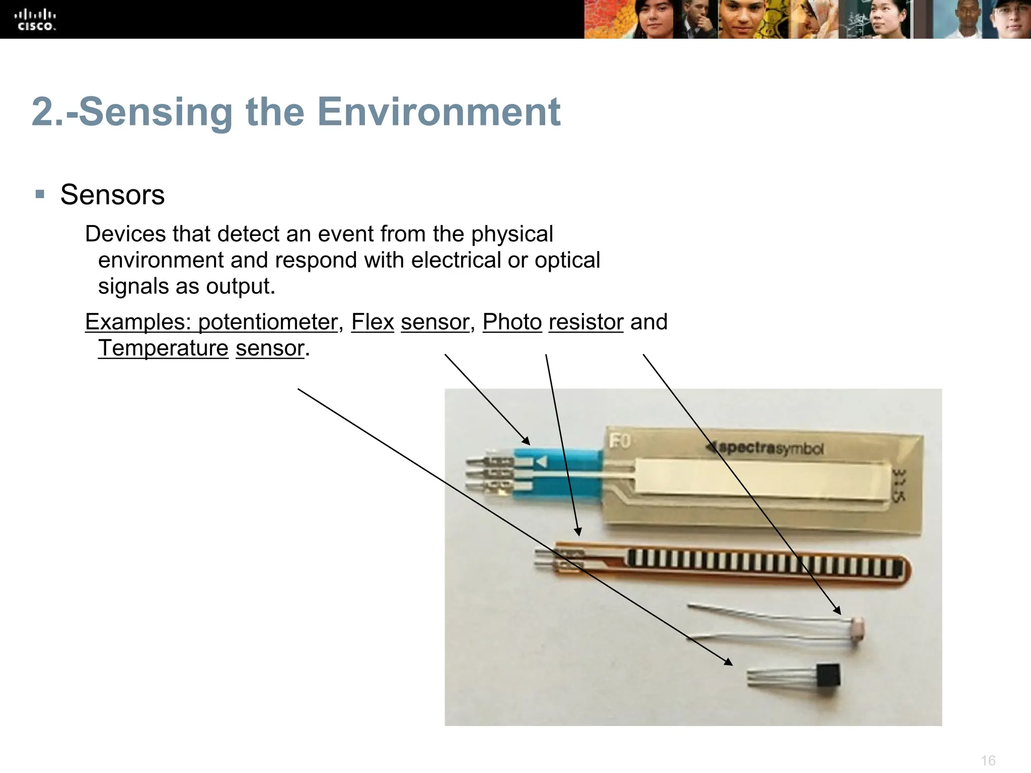 16
2.-Sensing the Environment
 Sensors
Devices that detect an event from the physical
environment and respond with electrical or optical
signals as output.
Examples: potentiometer, Flex sensor, Photo resistor and
Temperature sensor.
 
