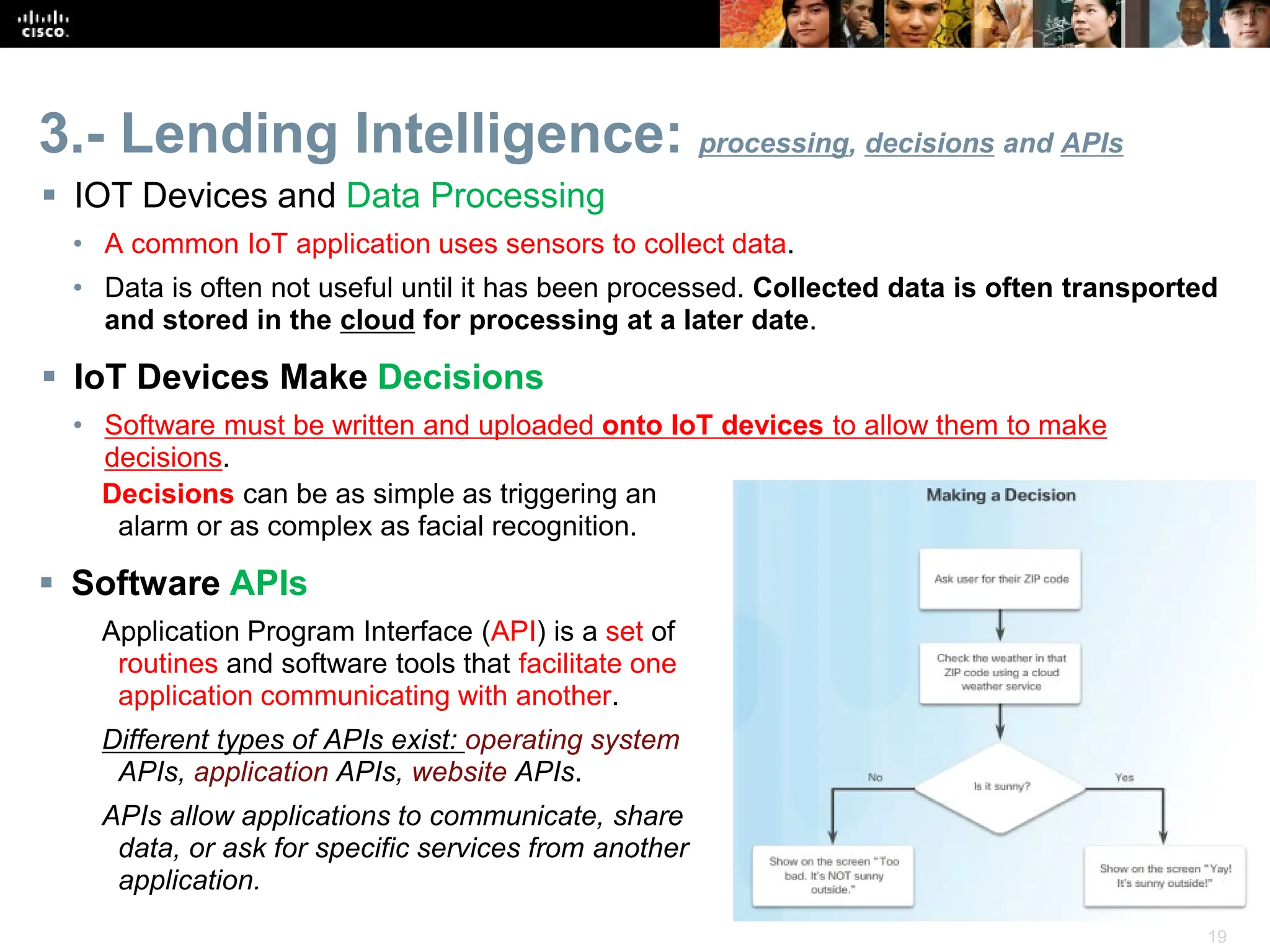 19
3.- Lending Intelligence: processing, decisions and APIs
Decisions can be as simple as triggering an
alarm or as complex as facial recognition.
 Software APIs
Application Program Interface (API) is a set of
routines and software tools that facilitate one
application communicating with another.
Different types of APIs exist: operating system
APIs, application APIs, website APIs.
APIs allow applications to communicate, share
data, or ask for specific services from another
application.
 IOT Devices and Data Processing
• A common IoT application uses sensors to collect data.
• Data is often not useful until it has been processed. Collected data is often transported
and stored in the cloud for processing at a later date.
 IoT Devices Make Decisions
• Software must be written and uploaded onto IoT devices to allow them to make
decisions.
 