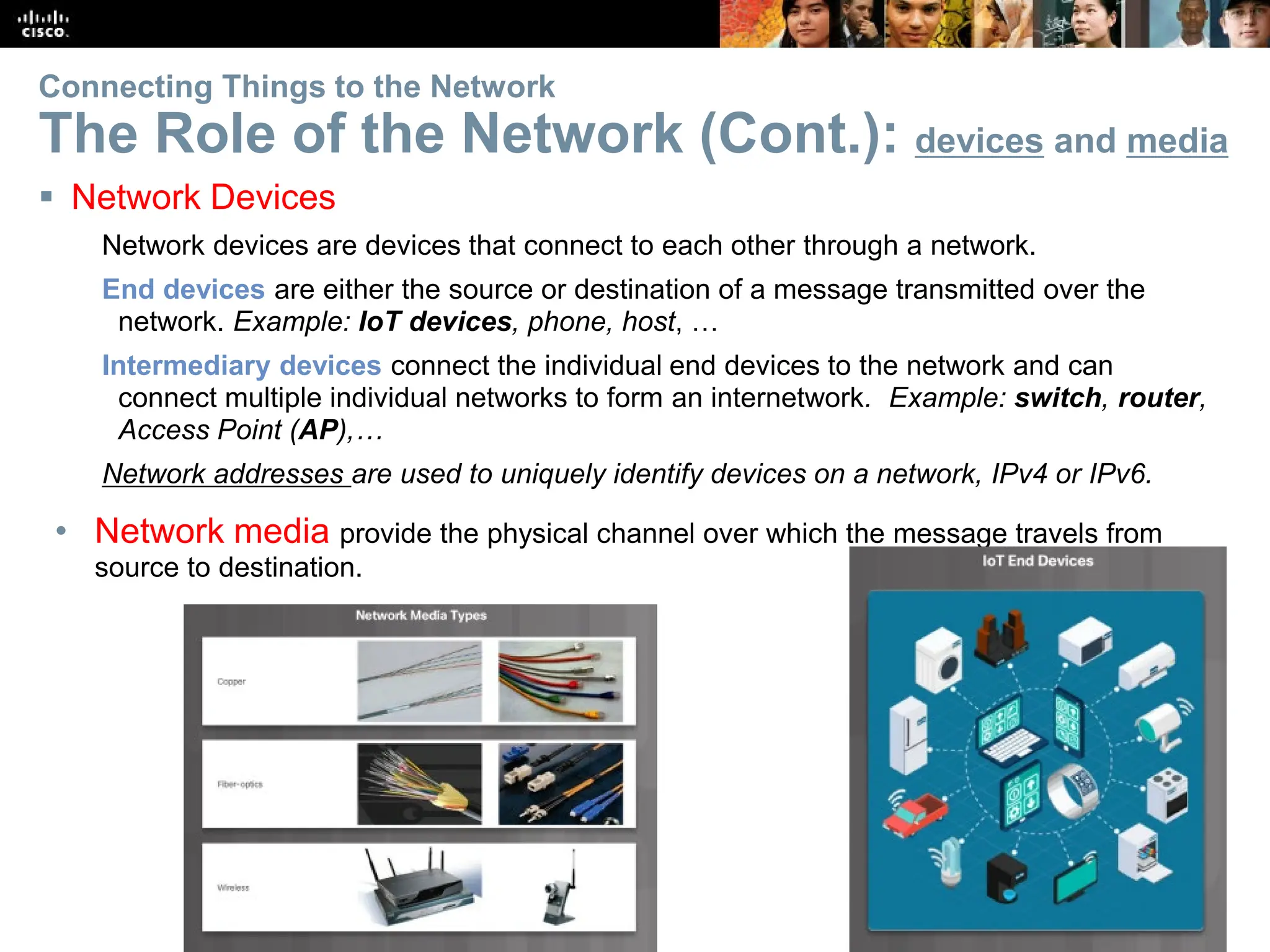 24
Connecting Things to the Network
The Role of the Network (Cont.): devices and media
 Network Devices
Network devices are devices that connect to each other through a network.
End devices are either the source or destination of a message transmitted over the
network. Example: IoT devices, phone, host, …
Intermediary devices connect the individual end devices to the network and can
connect multiple individual networks to form an internetwork. Example: switch, router,
Access Point (AP),…
Network addresses are used to uniquely identify devices on a network, IPv4 or IPv6.
• Network media provide the physical channel over which the message travels from
source to destination.
 