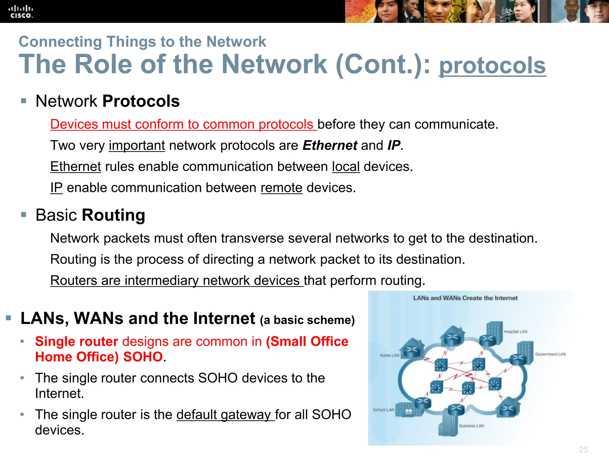 25
Connecting Things to the Network
The Role of the Network (Cont.): protocols
 Network Protocols
Devices must conform to common protocols before they can communicate.
Two very important network protocols are Ethernet and IP.
Ethernet rules enable communication between local devices.
IP enable communication between remote devices.
 Basic Routing
Network packets must often transverse several networks to get to the destination.
Routing is the process of directing a network packet to its destination.
Routers are intermediary network devices that perform routing.
 LANs, WANs and the Internet (a basic scheme)
• Single router designs are common in (Small Office
Home Office) SOHO.
• The single router connects SOHO devices to the
Internet.
• The single router is the default gateway for all SOHO
devices.
 