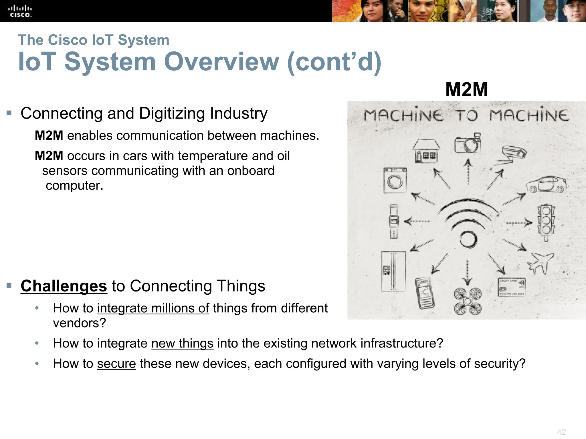 42
The Cisco IoT System
IoT System Overview (cont’d)
 Connecting and Digitizing Industry
M2M enables communication between machines.
M2M occurs in cars with temperature and oil
sensors communicating with an onboard
computer.
 Challenges to Connecting Things
• How to integrate millions of things from different
vendors?
• How to integrate new things into the existing network infrastructure?
• How to secure these new devices, each configured with varying levels of security?
M2M
 