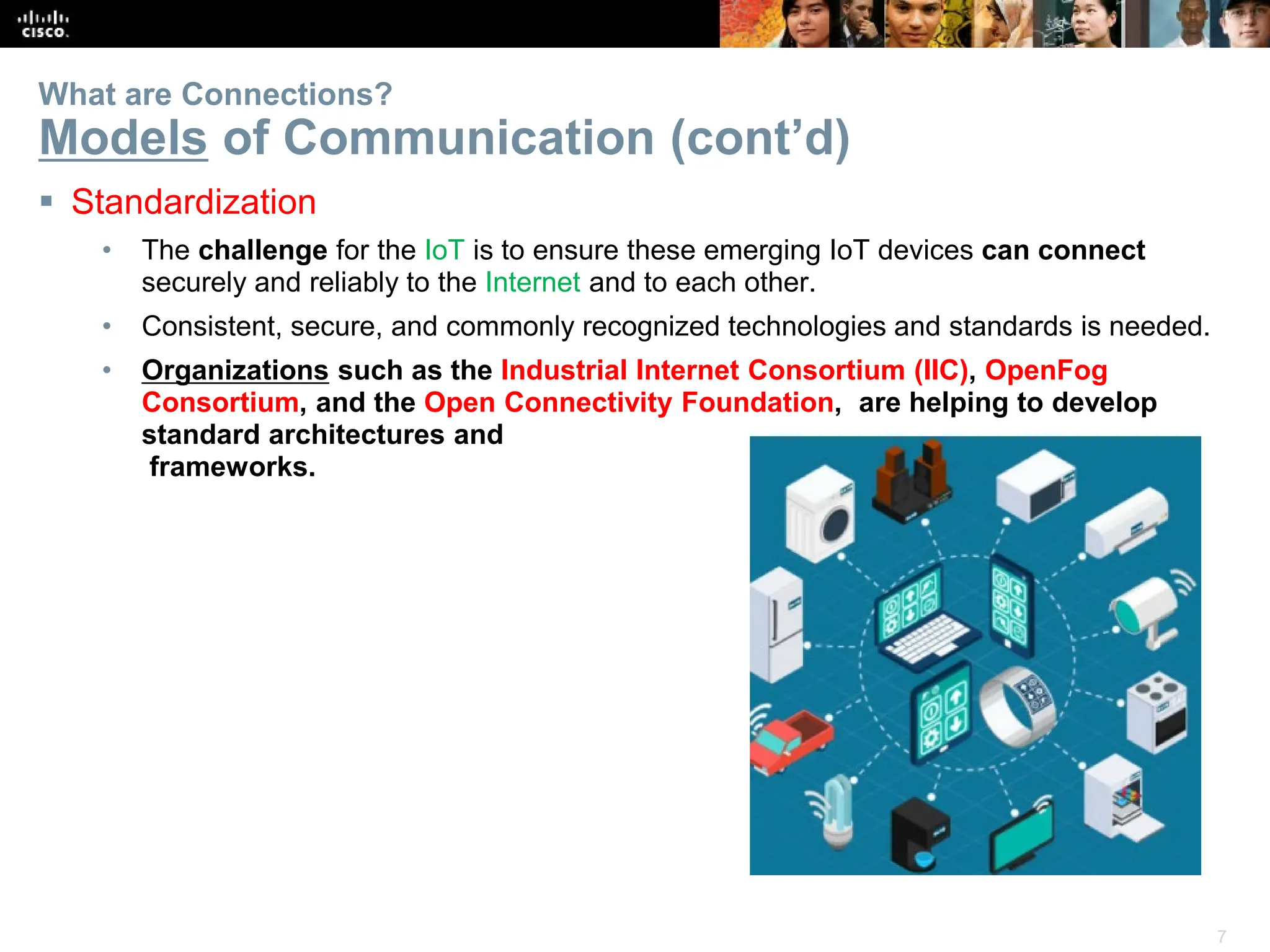7
What are Connections?
Models of Communication (cont’d)
 Standardization
• The challenge for the IoT is to ensure these emerging IoT devices can connect
securely and reliably to the Internet and to each other.
• Consistent, secure, and commonly recognized technologies and standards is needed.
• Organizations such as the Industrial Internet Consortium (IIC), OpenFog
Consortium, and the Open Connectivity Foundation, are helping to develop
standard architectures and
frameworks.
 