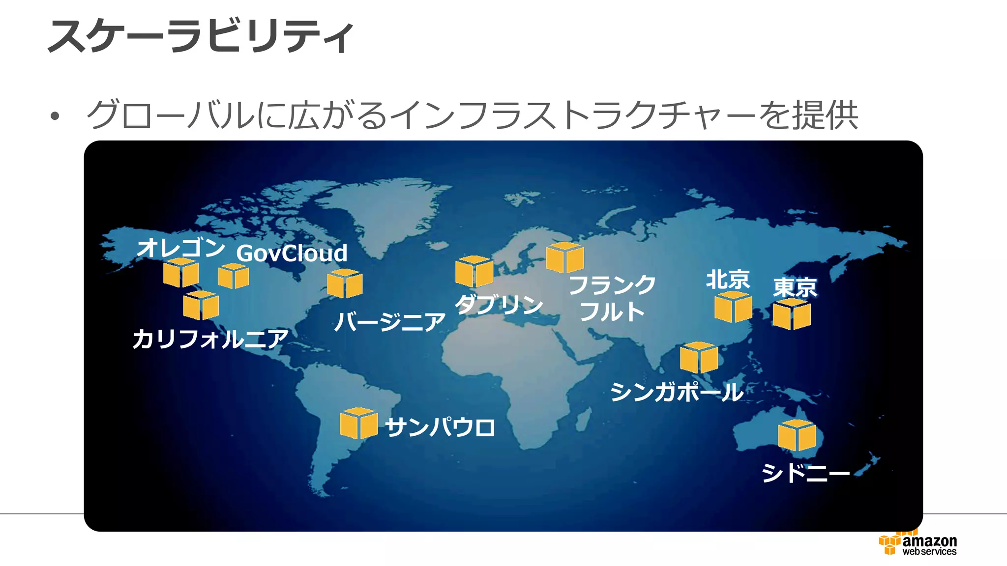 カリフォルニア
ダブリン
シンガポール
東京
オレゴン
バージニア
サンパウロ
GovCloud
シドニー
北北京
スケーラビリティ
•  グローバルに広がるインフラストラクチャーを提供
フランク
フルト
 