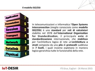ITS	
  Giua,	
  Cagliari	
  -­‐	
  26	
  Marzo	
  2015	
  
Il	
  modello	
  ISO/OSI	
  
In	
  telecomunicazioni	
  e	
  informaHca	
  l'Open	
  Systems	
  
InterconnecHon	
  (meglio	
  conosciuto	
  come	
  modello	
  
ISO/OSI)	
   è	
   uno	
   standard	
   per	
   reH	
   di	
   calcolatori	
  
stabilito	
   nel	
   1978	
   dall'InternaHonal	
   OrganizaHon	
  
for	
   StandardizaHon,	
   il	
   principale	
   ente	
   di	
  
standardizzazione	
   internazionale,	
   che	
   stabilisce	
  
per	
   l'architeSura	
   logica	
   di	
   rete	
   un'archite;ura	
   a	
  
straH	
  composta	
  da	
  una	
  pila	
  di	
  protocolli	
  suddivisa	
  
in	
   7	
   livelli,	
   i	
   quali	
   insieme	
   espletano	
   in	
   maniera	
  
logico-­‐gerarchica	
  tuSe	
  le	
  funzionalità	
  della	
  rete.	
  
 