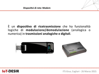 È	
   un	
   disposiHvo	
   di	
   ricetrasmissione	
   che	
   ha	
   funzionalità	
  
logiche	
   di	
   modulazione/demodulazione	
   (analogica	
   o	
  
numerica)	
  in	
  trasmissioni	
  analogiche	
  e	
  digitali.	
  
ITS	
  Giua,	
  Cagliari	
  -­‐	
  26	
  Marzo	
  2015	
  
DisposiHvi	
  di	
  rete:	
  Modem	
  
 