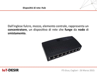 Dall'inglese	
  fulcro,	
  mozzo,	
  elemento	
  centrale,	
  rappresenta	
  un	
  
concentratore,	
  un	
  disposiHvo	
  di	
  rete	
  che	
  funge	
  da	
  nodo	
  di	
  
smistamento.	
  
ITS	
  Giua,	
  Cagliari	
  -­‐	
  26	
  Marzo	
  2015	
  
DisposiHvi	
  di	
  rete:	
  Hub	
  
 