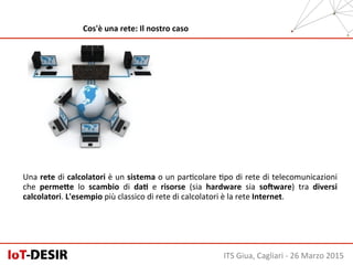 ITS	
  Giua,	
  Cagliari	
  -­‐	
  26	
  Marzo	
  2015	
  
Cos'è	
  una	
  rete:	
  Il	
  nostro	
  caso	
  
Una	
  rete	
  di	
  calcolatori	
  è	
  un	
  sistema	
  o	
  un	
  parHcolare	
  Hpo	
  di	
  rete	
  di	
  telecomunicazioni	
  
che	
   perme;e	
   lo	
   scambio	
   di	
   daH	
   e	
   risorse	
   (sia	
   hardware	
   sia	
   soNware)	
   tra	
   diversi	
  
calcolatori.	
  L'esempio	
  più	
  classico	
  di	
  rete	
  di	
  calcolatori	
  è	
  la	
  rete	
  Internet.	
  
 