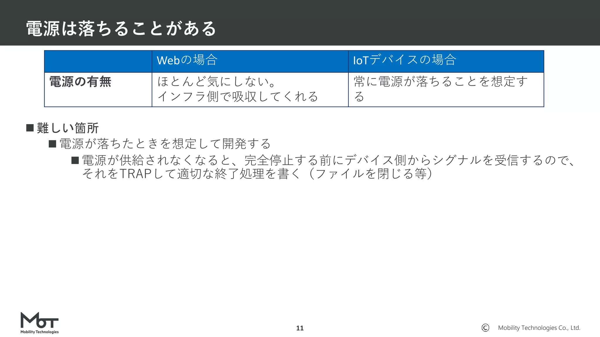 Mobility Technologies Co., Ltd.
電源は落ちることがある
11
 難しい箇所
 電源が落ちたときを想定して開発する
 電源が供給されなくなると、完全停止する前にデバイス側からシグナルを受信するので、
それをTRAPして適切な終了処理を書く（ファイルを閉じる等）
Webの場合 IoTデバイスの場合
電源の有無 ほとんど気にしない。
インフラ側で吸収してくれる
常に電源が落ちることを想定す
る
 