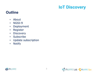 Outline
• About
• NGSI-9
• Deployment
• Register
• Discovery
• Subscribe
• Update subscription
• Notify
3
IoT Discovery
 