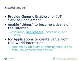 FIWARE and IoT
• Provide Generic Enablers for IoT
Service Enablement
• enable “things” to become citizens of
the Internet
– available, searchable, accessible, and
usable
• for Applications to create value from
real-world interaction
– enabled by ubiquity of heterogeneous and
resource-constrained devices.
 