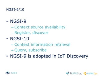 NGSI-9/10
• NGSI-9
– Context source availability
– Register, discover
• NGSI-10
– Context information retrieval
– Query, subscribe
• NGSI-9 is adopted in IoT Discovery
 