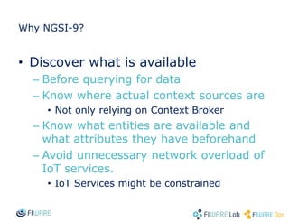 Why NGSI-9?
• Discover what is available
– Before querying for data
– Know where actual context sources are
• Not only relying on Context Broker
– Know what entities are available and
what attributes they have beforehand
– Avoid unnecessary network overload of
IoT services.
• IoT Services might be constrained
 