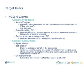 Target Users
• NGSI-9 Clients
– Context Producers
• Any IoT Agent
– Exposes a service endpoint for data/actuation provision via NGSI-10
(“data interface”)
– e.g. gateway
• Data Handling GE
– Register resources; sensing sources, actuators, processing elements
(composite of sensing sources)
• Backend device management GE
– Register sensing sources, aggregated sensing sources
– Context Consumers
• Applications
• IoT Broker
– Discover entities on behalf of the consumers
– retrieves, assembles, and processes information from the providers
– offers consumers a simple interface and masking the complexity and
heterogeneity of the IoT
• Context Broker
– Subscribes for notification of context source availability
 