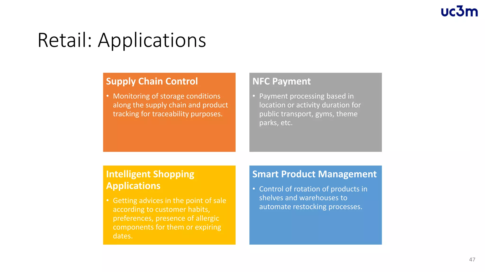 Retail: Applications
Supply Chain Control
• Monitoring of storage conditions
along the supply chain and product
tracking for traceability purposes.
NFC Payment
• Payment processing based in
location or activity duration for
public transport, gyms, theme
parks, etc.
Intelligent Shopping
Applications
• Getting advices in the point of sale
according to customer habits,
preferences, presence of allergic
components for them or expiring
dates.
Smart Product Management
• Control of rotation of products in
shelves and warehouses to
automate restocking processes.
47
 