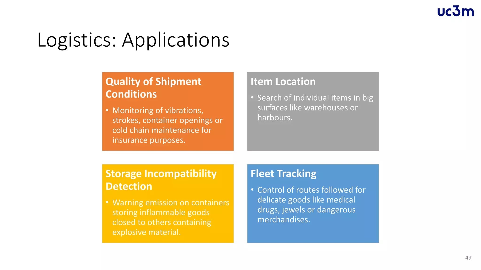 Logistics: Applications
Quality of Shipment
Conditions
• Monitoring of vibrations,
strokes, container openings or
cold chain maintenance for
insurance purposes.
Item Location
• Search of individual items in big
surfaces like warehouses or
harbours.
Storage Incompatibility
Detection
• Warning emission on containers
storing inflammable goods
closed to others containing
explosive material.
Fleet Tracking
• Control of routes followed for
delicate goods like medical
drugs, jewels or dangerous
merchandises.
49
 