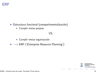 ERP
Estructura funcional (compartimentalizaci´on)
Cumplir metas propias
VS.
Cumplir metas organizaci´on
−→ ERP (‘Enterprise Resource Planning’)
62949 – Internet para las cosas. Fernando Tricas Garc´ıa. 13
 