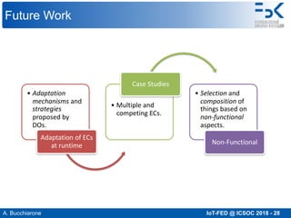 A. Bucchiarone IoT-FED @ ICSOC 2018 - 28
Future Work
• Adaptation
mechanisms and
strategies
proposed by
DOs.
Adaptation of ECs
at runtime
• Multiple and
competing ECs.
Case Studies
• Selection and
composition of
things based on
non-functional
aspects.
Non-Functional
 