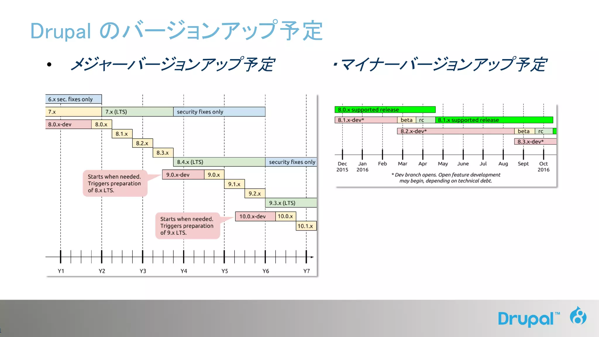 1
Drupal のバージョンアップ予定
• メジャーバージョンアップ予定 ・マイナーバージョンアップ予定
 