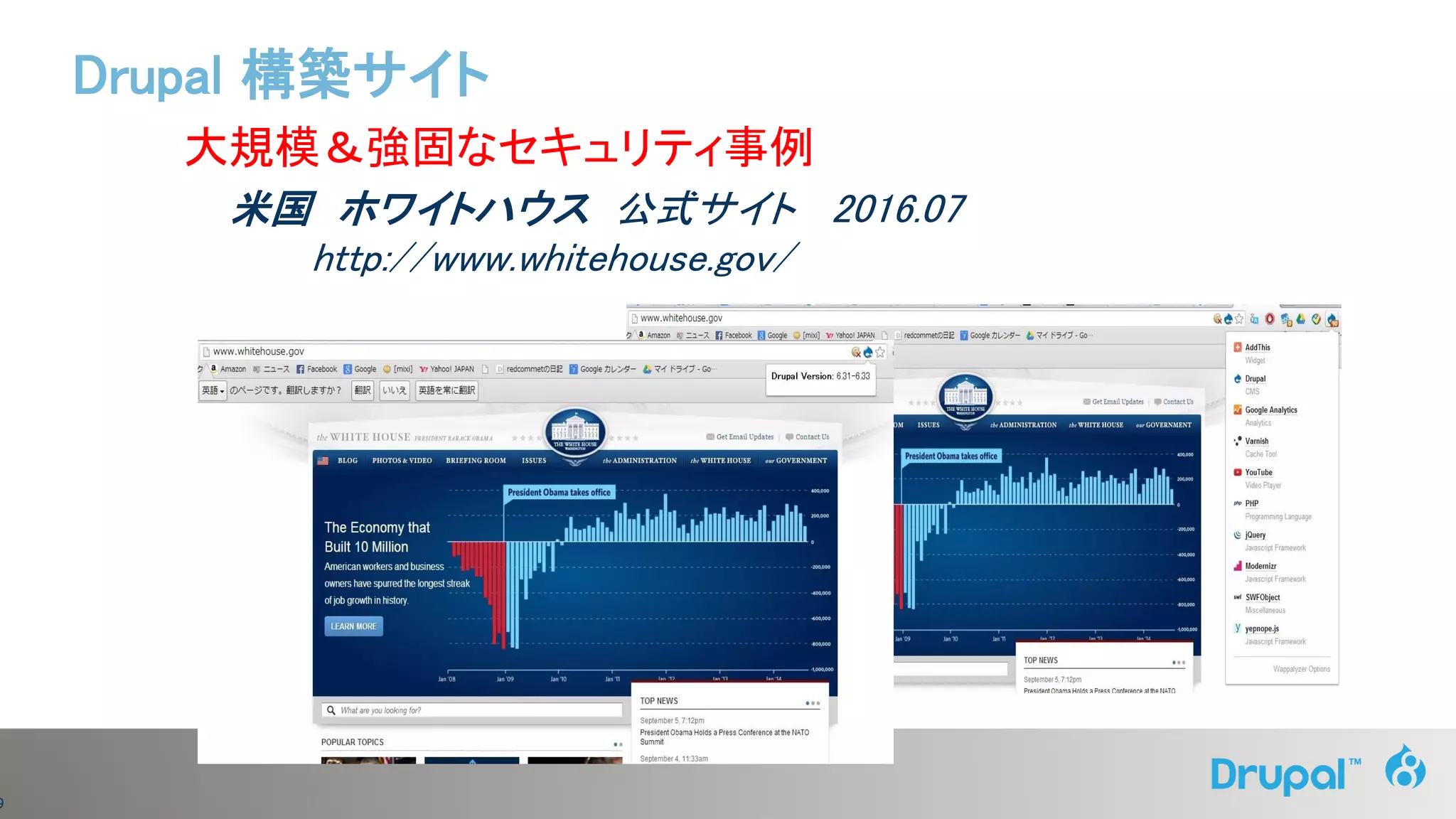 9
大規模＆強固なセキュリティ事例
米国 ホワイトハウス 公式サイト 2016.07
http://www.whitehouse.gov/
Drupal 構築サイト
 