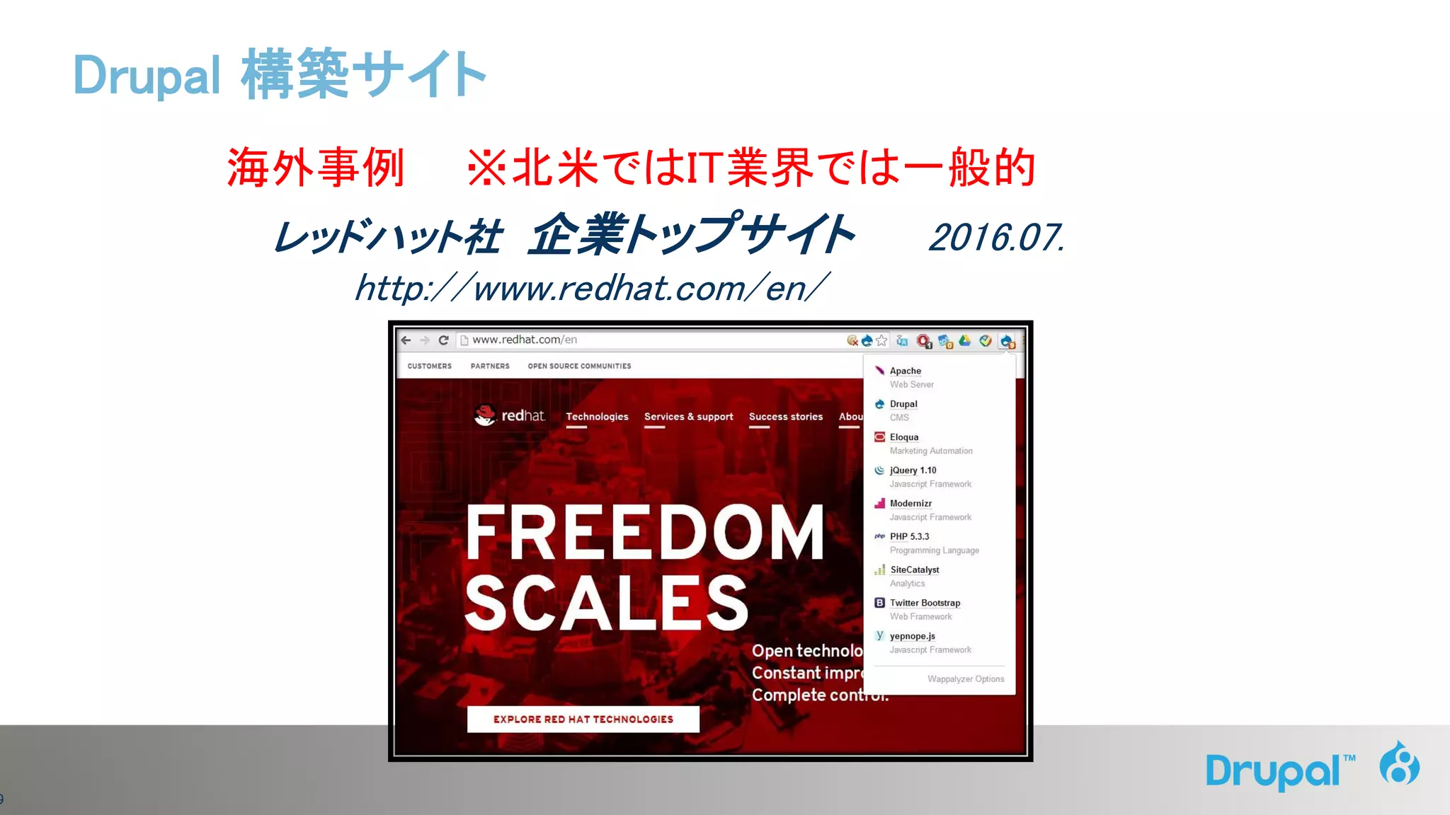 9
海外事例 ※北米ではIT業界では一般的
レッドハット社 企業トップサイト 2016.07.
http://www.redhat.com/en/
Drupal 構築サイト
 