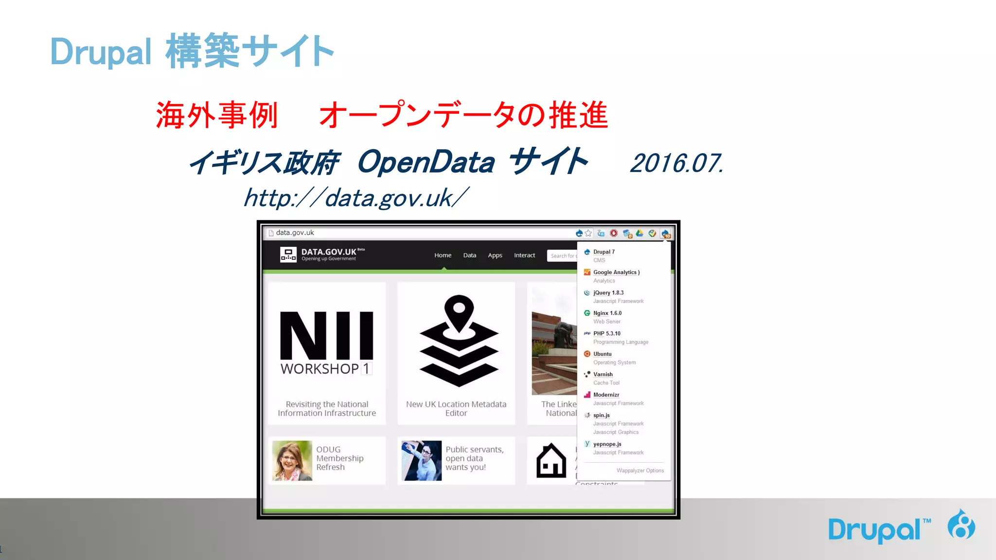 1
海外事例 オープンデータの推進
イギリス政府 OpenData サイト 2016.07.
http://data.gov.uk/
Drupal 構築サイト
 