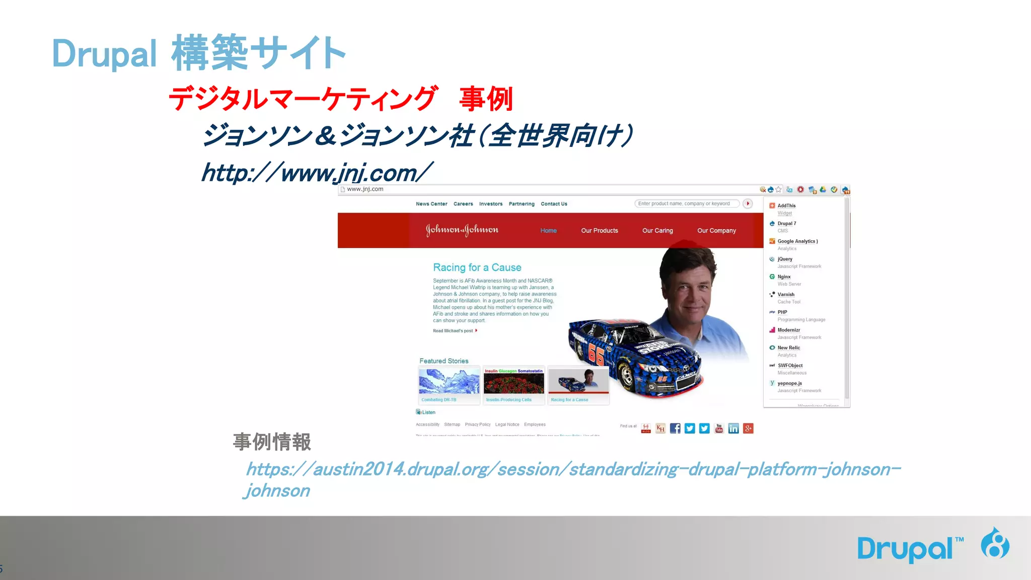 5
デジタルマーケティング 事例
ジョンソン＆ジョンソン社（全世界向け）
http://www.jnj.com/
事例情報
https://austin2014.drupal.org/session/standardizing-drupal-platform-johnson-
johnson
Drupal 構築サイト
 