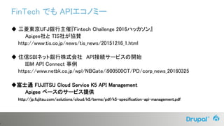0
FinTech でも APIエコノミー
◆ 三菱東京UFJ銀行主催『Fintech Challenge 2016ハッカソン』
Apigee社と TIS社が協賛
http://www.tis.co.jp/news/tis_news/20151216_1.html
◆ 住信SBIネット銀行株式会社 API接続サービスの開始
IBM API Connect 事例
https://www.netbk.co.jp/wpl/NBGate/i900500CT/PD/corp_news_20160325
◆富士通 FUJITSU Cloud Service K5 API Management
Apigee ベースのサービス提供
http://jp.fujitsu.com/solutions/cloud/k5/terms/pdf/k5-specification-api-management.pdf
 