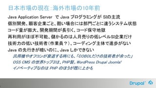 3
日本市場の現在：海外市場の10年前
Java Application Server で Java プログラミングが SIの主流
個別開発、顧客企業ごと、酷い場合には部門ごとに違うシステム状態
コード量が膨大、開発期間が長引く、コード保守地獄
再利用がほぼ不可能、儲かるのは人月売りの低レベルSI企業だけ
技術力の低い技術者（作業員？）、コーディング主体で進歩がない
Java の先行きが暗いのに、Java しかできない
汎用機やオフコンが衰退する時にも、「COBOLだけの技術者が余った」
OSS CMS の世界トップ３は、PHP製。WordPress Drupal Joomla!
イノベーティブなのは PHP のほうが既に上かも
 