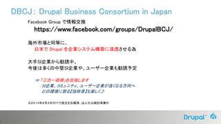 8
Facebook Group で情報交換
https://www.facebook.com/groups/DrupalBCJ/
海外市場と同等に、
日本で Drupal を企業システム構築に浸透させる為
大手SI企業から勧誘中、
今後は多くの中堅SI企業や、ユーザー企業も勧誘予定
⇒ 「三方一両得」を目指します
SI企業、コミュニティ、ユーザー企業が良くなる方向へ
どの環境に居る【技術者】も楽しく♪
※２０１４年９月２日付けで設立を広報済、法人化は検討準備中
DBCJ： Drupal Business Consortium in Japan
 