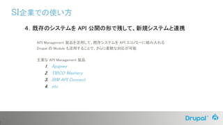 2
４．既存のシステムを API 公開の形で残して、新規システムと連携
API Management 製品を活用して、既存システムを API エコノミーに組み入れる
Drupal の Module も活用することで、さらに柔軟な対応が可能
主要な API Management 製品
1. Apigeee
2. TIBCO Mashery
3. IBM API Connect
4. etc.
SI企業での使い方
 