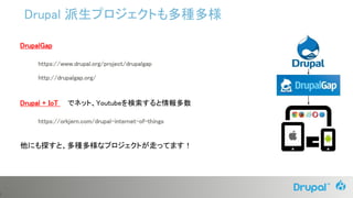 2
DrupalGap
https://www.drupal.org/project/drupalgap
http://drupalgap.org/
Drupal + IoT でネット、Youtubeを検索すると情報多数
https://orkjern.com/drupal-internet-of-things
他にも探すと、多種多様なプロジェクトが走ってます！
Drupal 派生プロジェクトも多種多様
 
