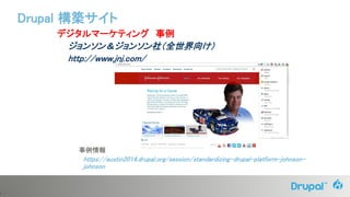 5
デジタルマーケティング 事例
ジョンソン＆ジョンソン社（全世界向け）
http://www.jnj.com/
事例情報
https://austin2014.drupal.org/session/standardizing-drupal-platform-johnson-
johnson
Drupal 構築サイト
 