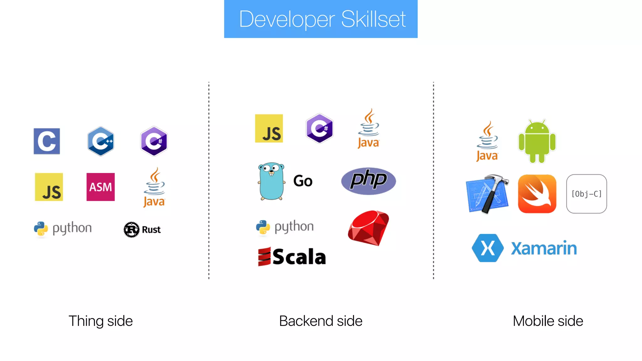 Developer Skillset
Thing side Backend side Mobile side
[Obj-C]
 