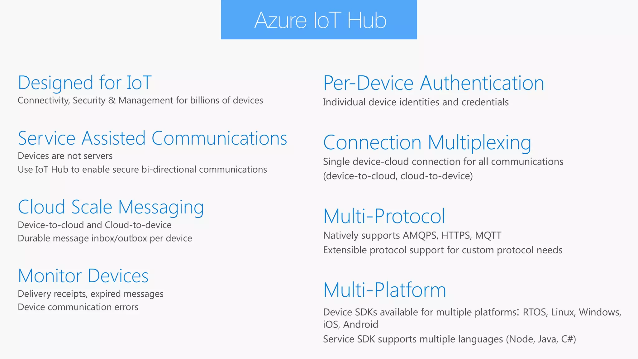 Designed for IoT
Connectivity, Security & Management for billions of devices
Service Assisted Communications
Devices are not servers
Use IoT Hub to enable secure bi-directional communications
Cloud Scale Messaging
Device-to-cloud and Cloud-to-device
Durable message inbox/outbox per device
Monitor Devices
Delivery receipts, expired messages
Device communication errors
Per-Device Authentication
Individual device identities and credentials
Connection Multiplexing
Single device-cloud connection for all communications
(device-to-cloud, cloud-to-device)
Multi-Protocol
Natively supports AMQPS, HTTPS, MQTT
Extensible protocol support for custom protocol needs
Multi-Platform
Device SDKs available for multiple platforms: RTOS, Linux, Windows,
iOS, Android
Service SDK supports multiple languages (Node, Java, C#)
Azure IoT Hub
 
