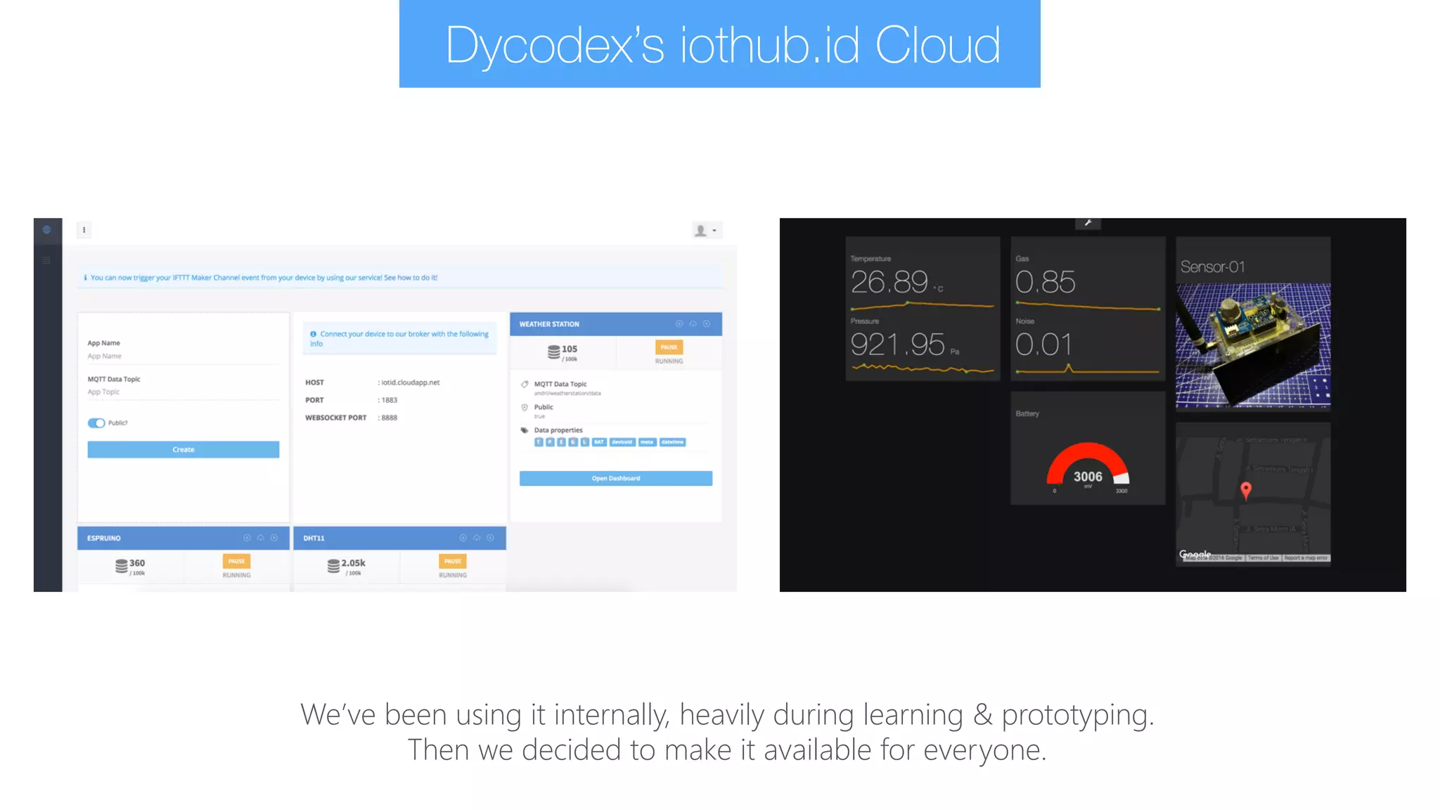 Dycodex’s iothub.id Cloud
We’ve been using it internally, heavily during learning & prototyping.  
Then we decided to make it available for everyone.
 