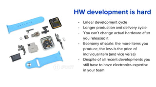 - Linear development cycle
- Longer production and delivery cycle
- You can’t change actual hardware after
you released it
- Economy of scale: the more items you
produce, the less is the price of
individual item (and vice versa)
- Despite of all recent developments you
still have to have electronics expertise
in your team
HW development is hard
 