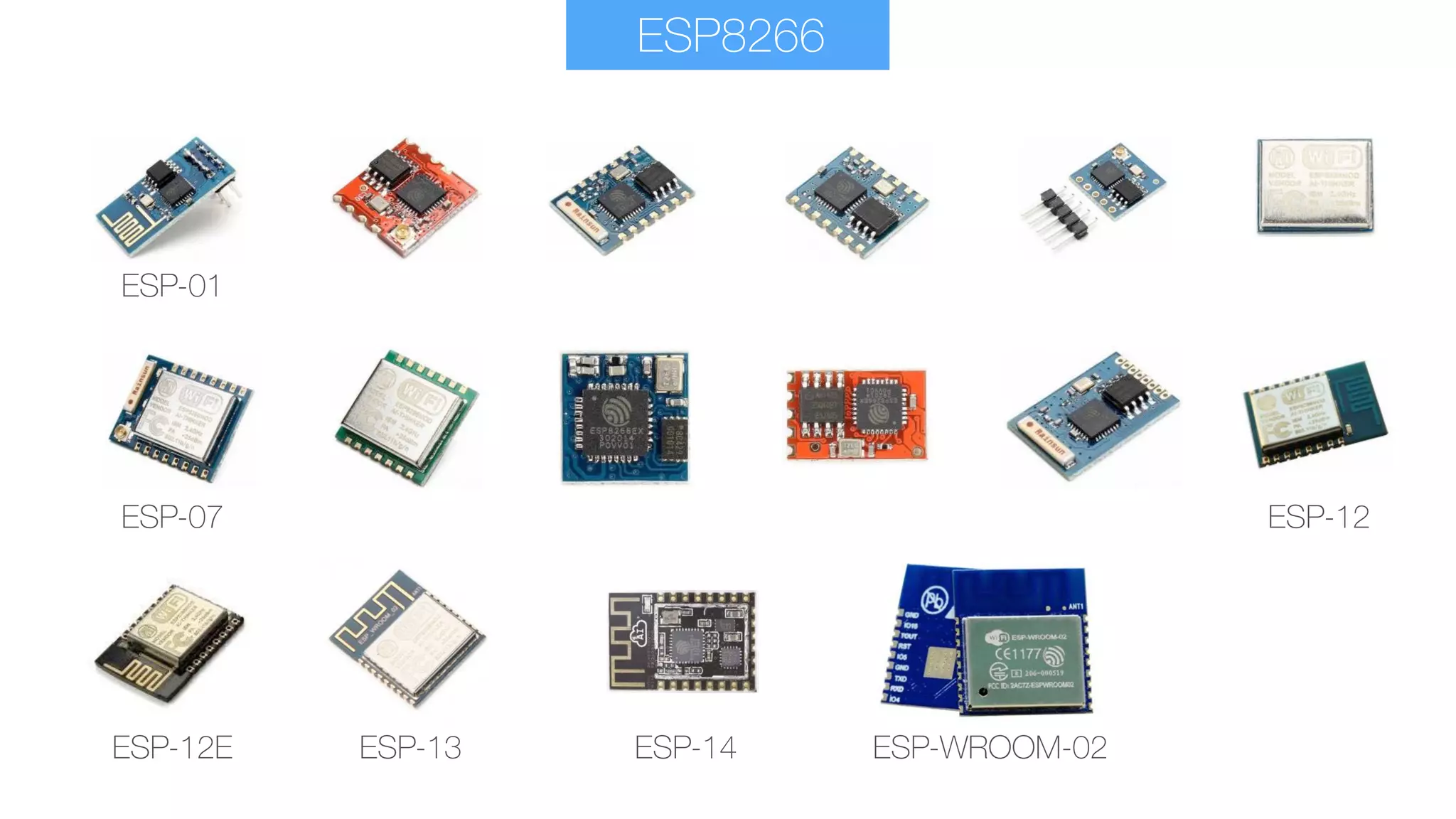 ESP8266
ESP-01
ESP-12
ESP-12E ESP-14 ESP-WROOM-02
ESP-07
ESP-13
 