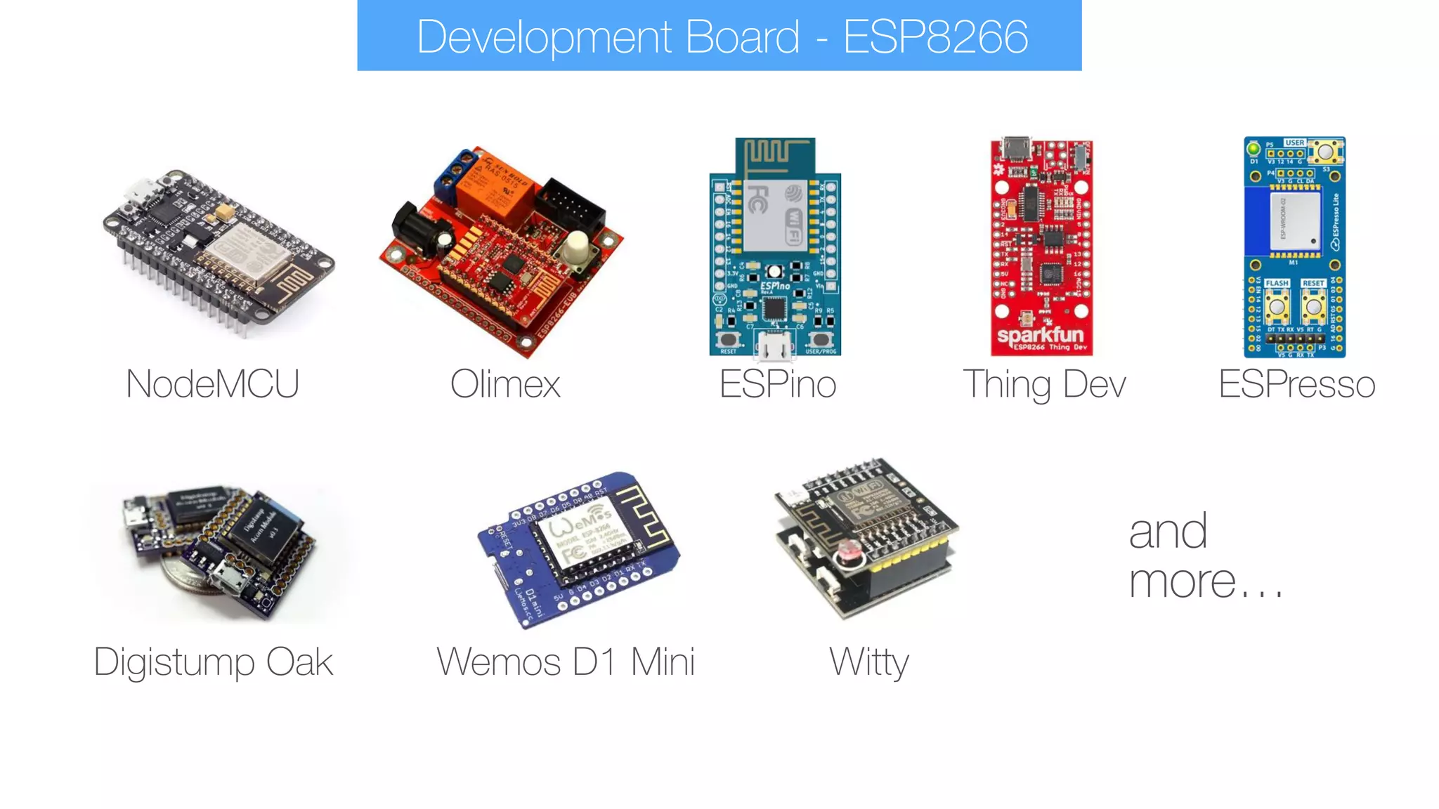 Development Board - ESP8266
OlimexNodeMCU ESPino Thing Dev ESPresso
Digistump Oak Wemos D1 Mini Witty
and 
more…
 