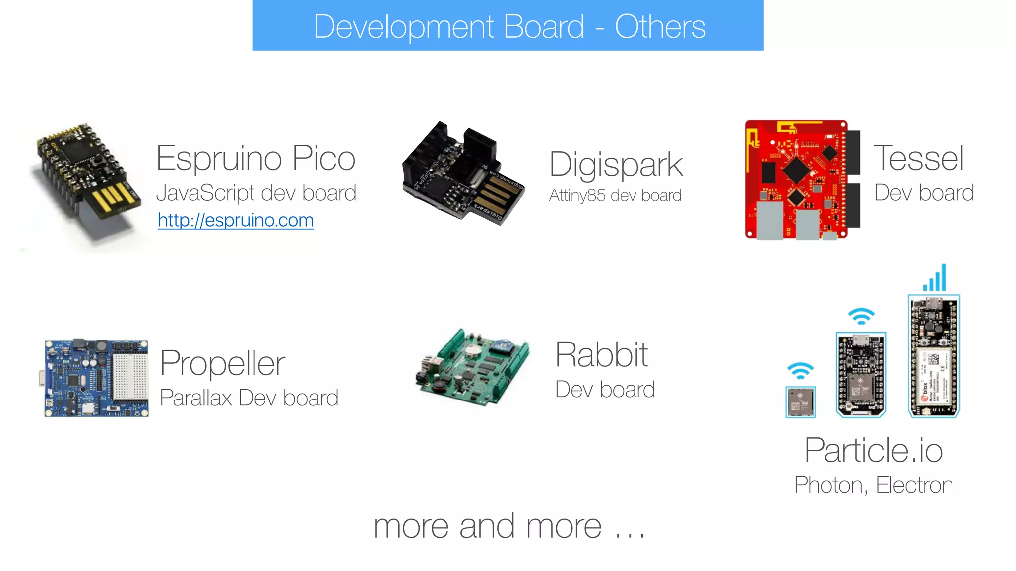 Development Board - Others
Digispark 
Attiny85 dev board
Tessel 
Dev board
Propeller 
Parallax Dev board
Espruino Pico 
JavaScript dev board
http://espruino.com
Rabbit 
Dev board
more and more …
Particle.io 
Photon, Electron
 