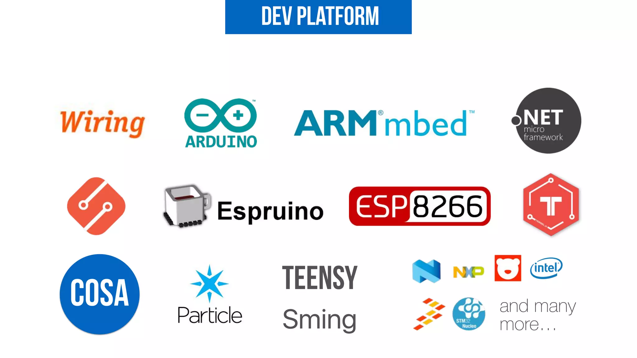 Dev Platform
COSA Teensy
and many 
more…Sming
 