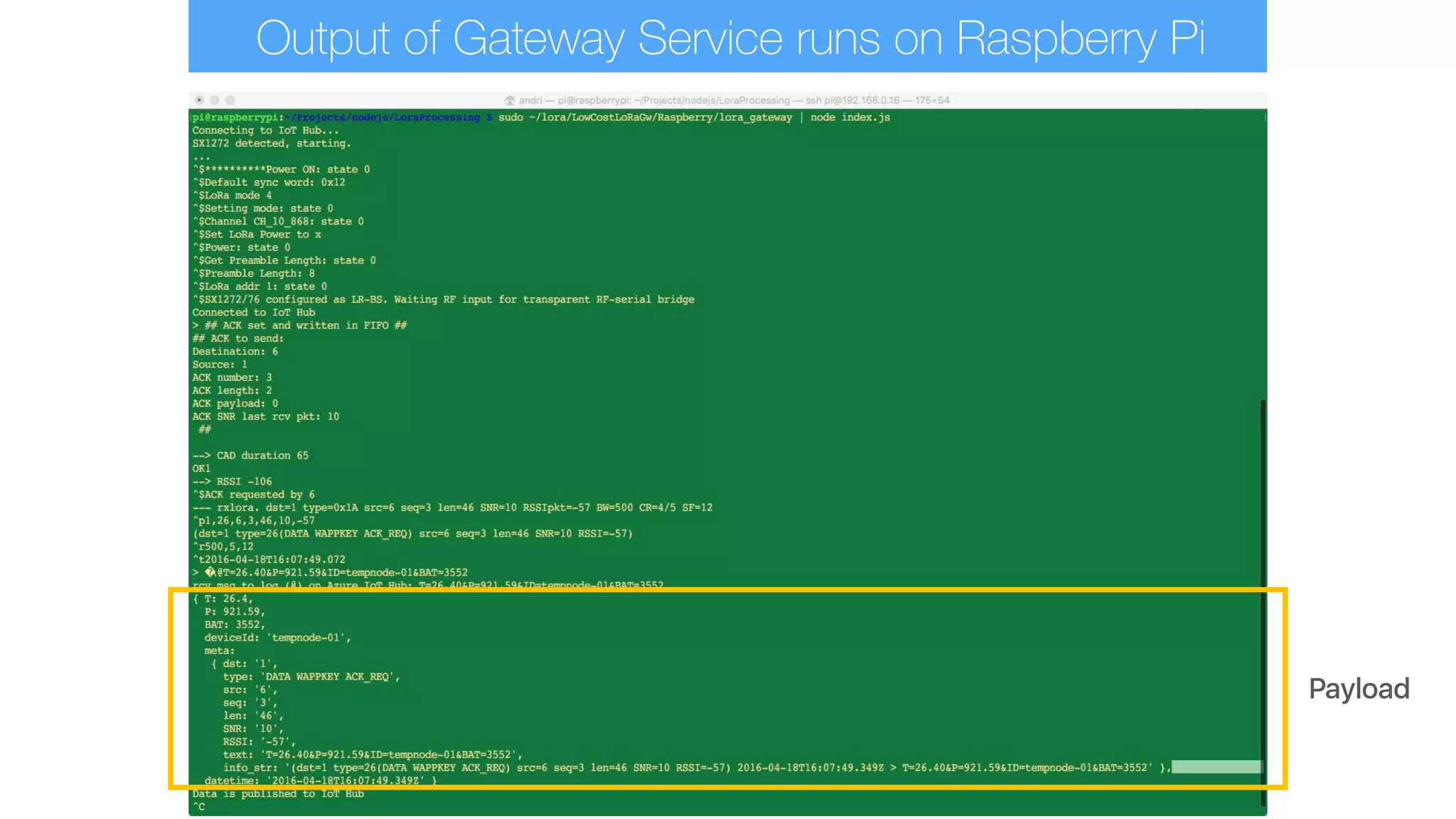 Output of Gateway Service runs on Raspberry Pi
Payload
 