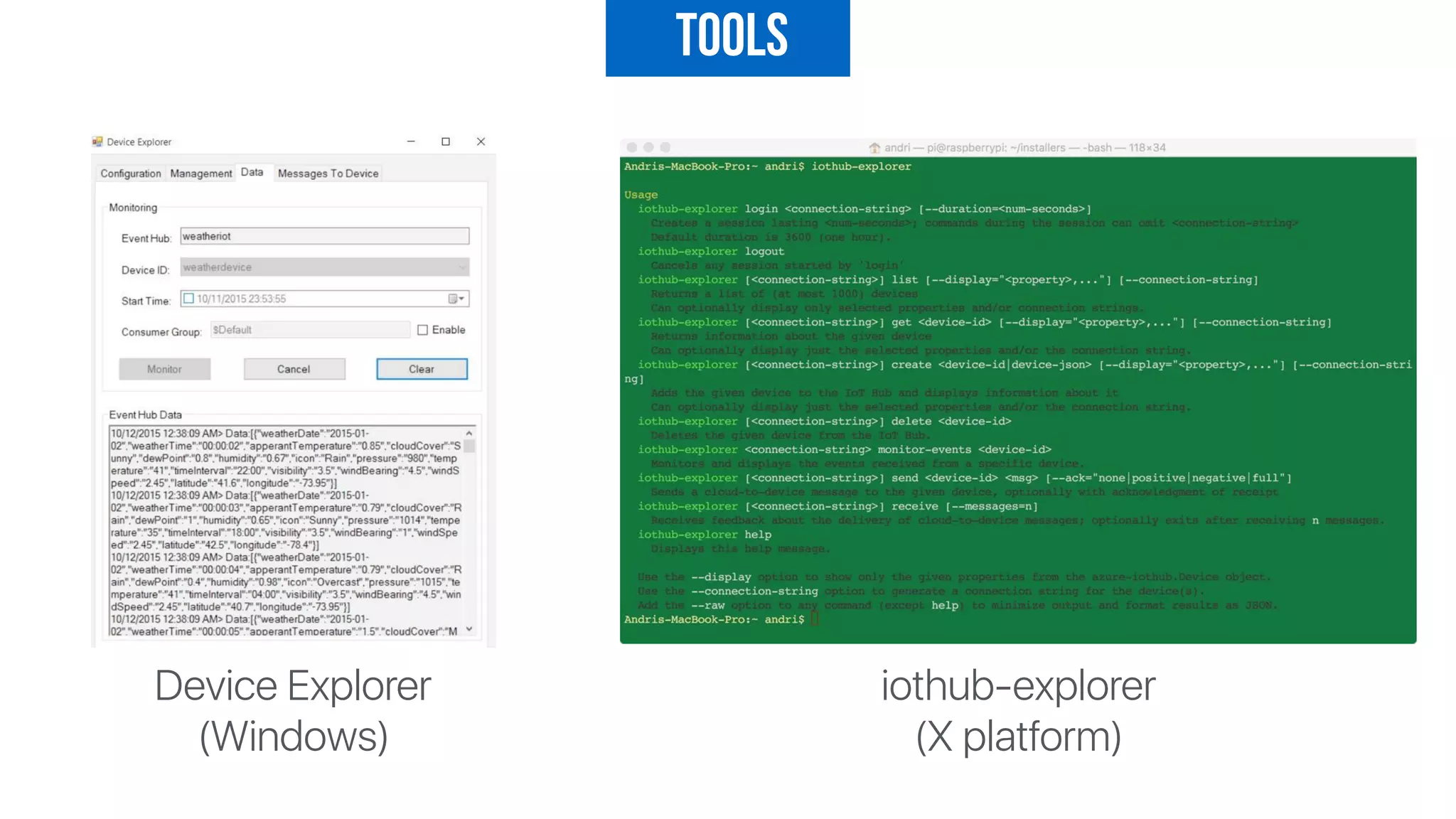 Tools
iothub-explorer 
(X platform)
Device Explorer 
(Windows)
 