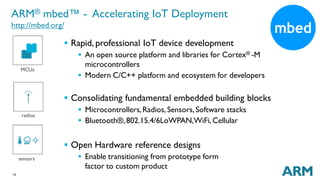 ARM® mbed™ - Accelerating IoT Deployment 
http://mbed.org/ 
15 
 Rapid, professional IoT device development 
 An open source platform and libraries for Cortex® -M 
microcontrollers 
 Modern C/C++ platform and ecosystem for developers 
 Consolidating fundamental embedded building blocks 
 Microcontrollers,Radios, Sensors, Software stacks 
 Bluetooth®, 802.15.4/6LoWPAN,WiFi,Cellular 
 Open Hardware reference designs 
 Enable transitioning from prototype form 
factor to custom product 
MCUs 
radios 
sensors 
 