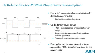 8/16-bit vs Cortex-M:What About Power Consumption? 
7 
 Cortex-M processors have architecturally 
defined power modes 
 Complete operation then sleep 
 Code density saves power 
 NOR Flash reads are a large part of power 
budget 
 Better code density means fewer reads to 
execute application 
 Cortex-M + cache saves more power 
 Few cycles and shorter execution time 
means that MCU spends more time in low 
power state 
 
