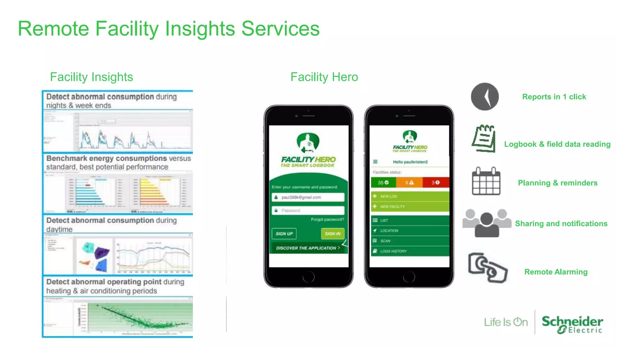 Electricity
Water & Gas
Assets
Remote Facility Insights Services
Planning & reminders
Reports in 1 click
Sharing and notifications
Remote Alarming
Logbook & field data reading
Facility Insights Facility Hero
 
