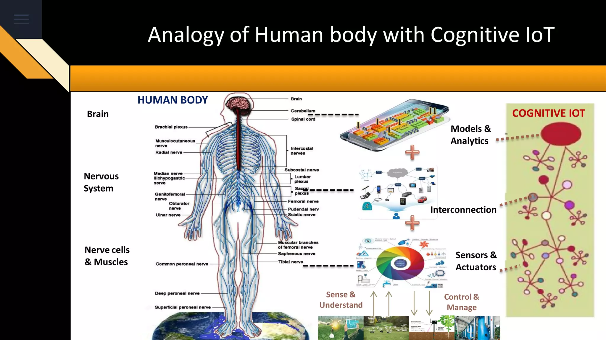 Analogy of Human body with Cognitive IoT
HUMAN BODY
COGNITIVE IOTBrain
Nervous
System
Nerve cells
& Muscles
Models &
Analytics
Interconnection
Sensors &
Actuators
Sense &
Understand
Control &
Manage
 